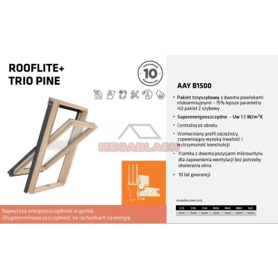 RoofLITE+ Okno dachowe drewniane TRIO PINE 66x118 - 3 szybowe + kołnierz TFX uniewrsalny